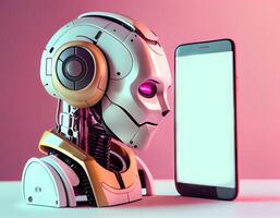 Robot beside the screen of smartphone. Concept of chatbot with artificial intelligence. Head and shoulder portrait of adorable rabbit with eyeglasses, photo