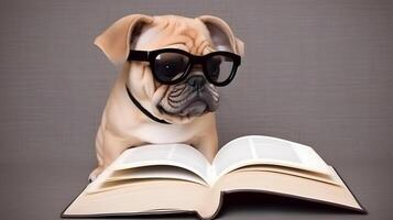 Cute PUG puppy with book about bedtime stories. photo