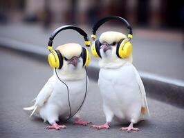 linda y adorable loro aves con auriculares en cabeza. ai generado foto