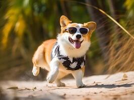 Running corgi dog on dusty street. Front view , photo