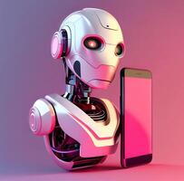 Robot beside the screen of smartphone. Concept of chatbot with artificial intelligence. Head and shoulder portrait of adorable rabbit with eyeglasses, photo