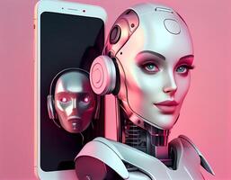 Robot beside the screen of smartphone. Concept of chatbot with artificial intelligence. photo