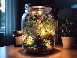 Plants and flowers in glass container. Garden miniature. photo