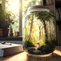 Plants and trees in glass container. Woods miniature., photo