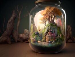 Small house, plants and trees in glass container. Woods miniature. photo