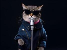 Stylish cat singing on stage. Animal music festival. photo