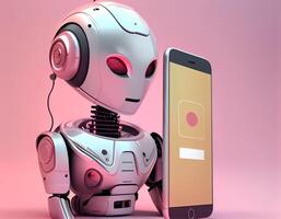 Robot beside the screen of smartphone. Concept of chatbot with artificial intelligence. photo