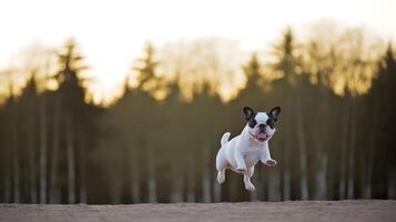 Running bulldog on the dusty street in the evening. photo