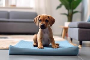 Cute dog lying on cooling mat in hot day at home. photo