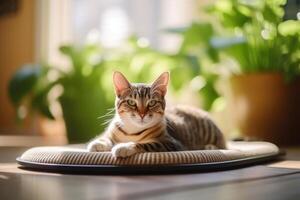 Cute cat lying on soft mat at home, many plants and soft light. photo