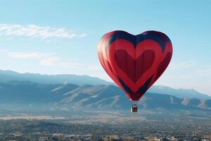 corazón conformado caliente aire globo con irreconocible personas en el cielo, ai generado foto