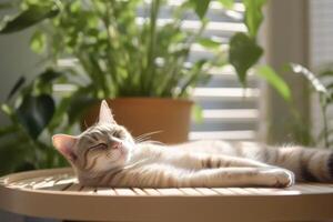 Cute cat lying on soft mat at home, many plants and soft light. photo