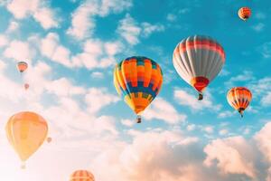 vistoso caliente aire globos en vuelo, ai generado foto