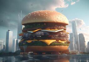 Giant burger with delicious ingredients over city. photo