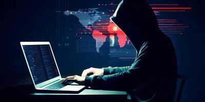 Anonymous hacker with laptop. Concept of dark web, hacking cybersecurity. image photo