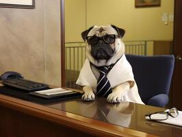 Deprimido doguillo perro trabajando en oficina. concepto de oficial, presidente, jefe o jefe. ai generado imagen foto