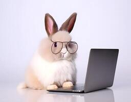 Cute bunny with eyeglasses and laptop. Concept of hardworking pet. photo