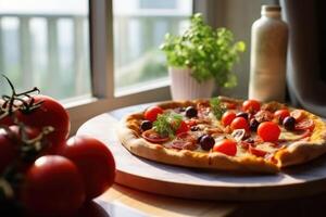 delicious pizza on restaurant table, near window , photo