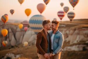 Beautiful couple of unrecognizable people watching Colorful Hot Air Balloons in Flight, photo