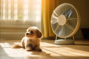 Cute dog lying on floor at home in hot day cooling under the fan, summer heat. photo