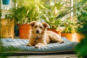 Cute dog lying on cooling mat in hot day at home. photo