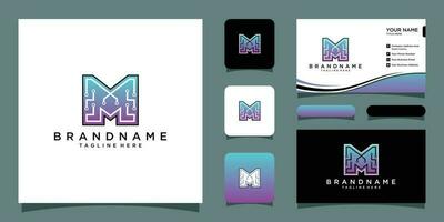 Logo design template Letter M Technology with business card design template Premium Vector