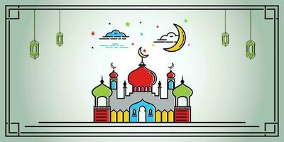 Modern line art Islamic Mosque building. White background, Modern Mosque icon illustration. Premium Vector