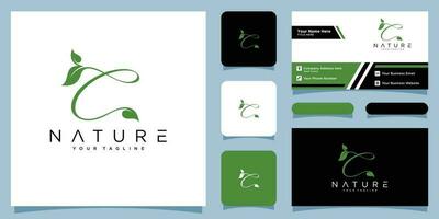 Initial letter C with leaf luxury logo. green leaf logo with business card design Premium Vector