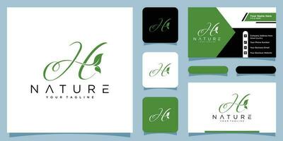 Initial letter H with leaf luxury logo. green leaf logo with business card design Premium Vector