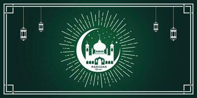 Ramadhan Kareem and Islamic crescent moon, mosque silhouette dome with a frame pattern. Premium Vector