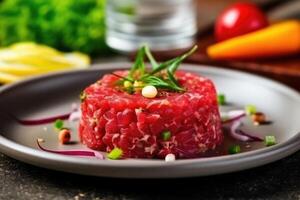 Beef steak tartare with greenery and vegetables. photo