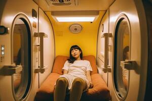 Asian woman having rest in capsule hotel. photo