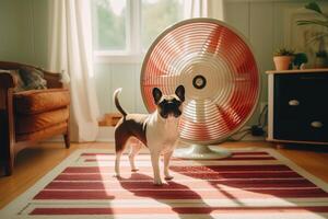 Cute dog lying on floor at home in hot day cooling under the fan, summer heat. photo