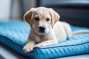 Cute dog lying on cooling mat in hot day at home. photo