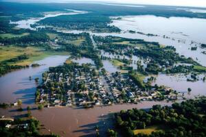 Aerial view of flood in city, photo