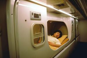 Asian man having rest in capsule hotel. photo
