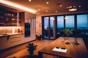 Smart home interior with interactive buttons, photo