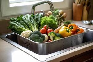 various vegetables to wash in sink, photo