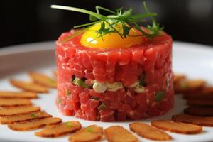 Beef steak tartare with greenery and vegetables. photo