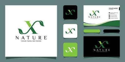 Initial letter X with leaf luxury logo. green leaf logo with business card design Premium Vector
