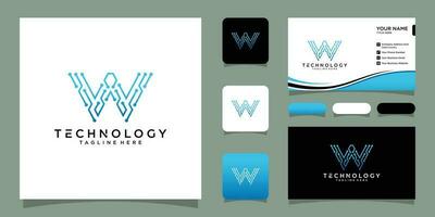 Logo design template letter W technology with business card design Premium Vector