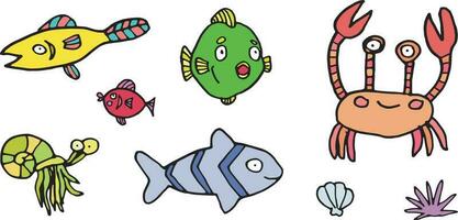 Sea fish creatures cartoon funny marine kids vector set