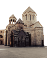 Old church with spires in Yerevan cityscape isolated PNG photo with transparent background.