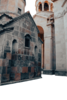 Ancient carved church walls with spires isolated PNG photo with transparent background.