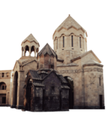 Ancient church with spires in Yerevan cityscape isolated PNG photo with transparent background.