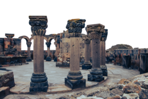 View of ancient temple column in Armenia isolated PNG photo with transparent background.