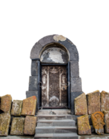 Gothic arched doorway and ancient stone cross concept photo. png