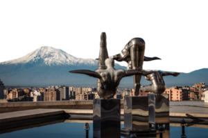 Cityscape with mountain view and fountain isolated PNG photo with transparent background.