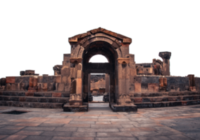 Ancient doorway in Zvartnos temple in Armenia isolated PNG photo with transparent background.