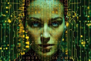 Female face against binary code. Artificial intelligence concept. photo